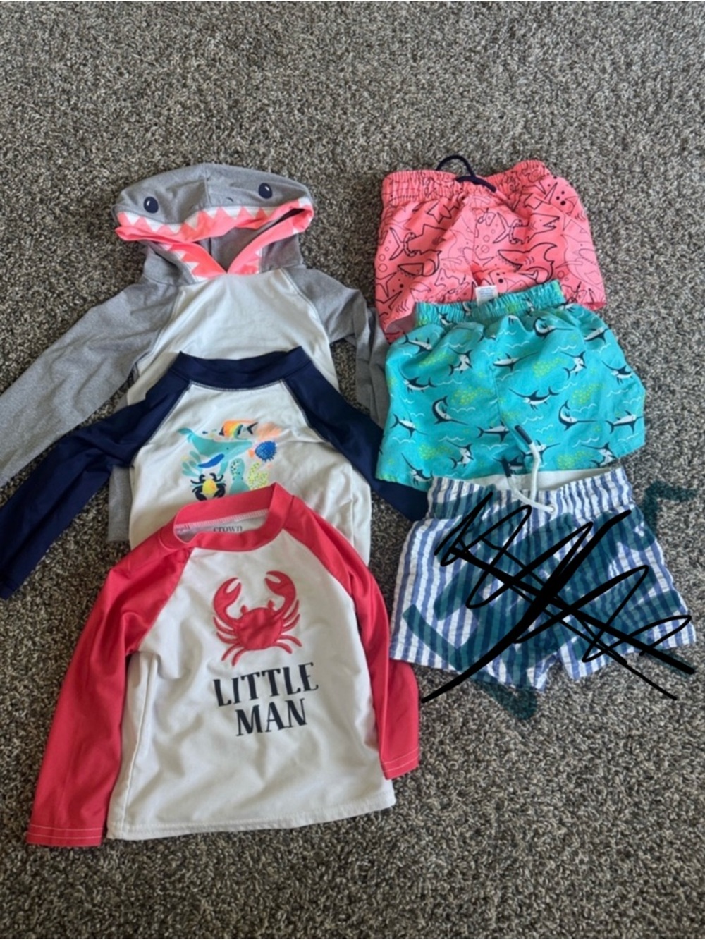 Kids Swim Set - Shark Hoodie, Rash Guards & Shorts - Blue, Aqua, Pink, Red